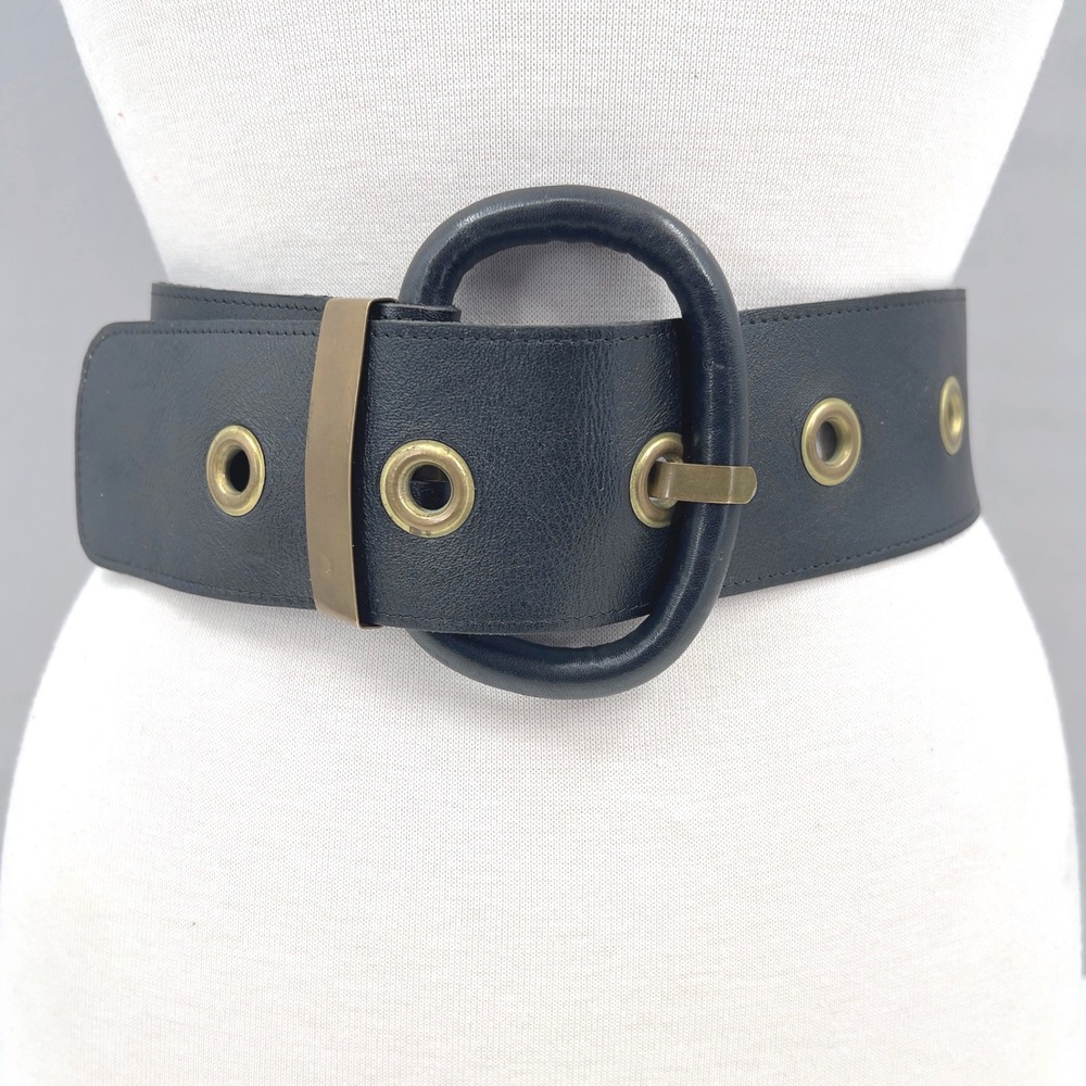 Vintage Womens M L Wide Waist Belt Black Leather Brass Wrapped Buckle 36 in 70s